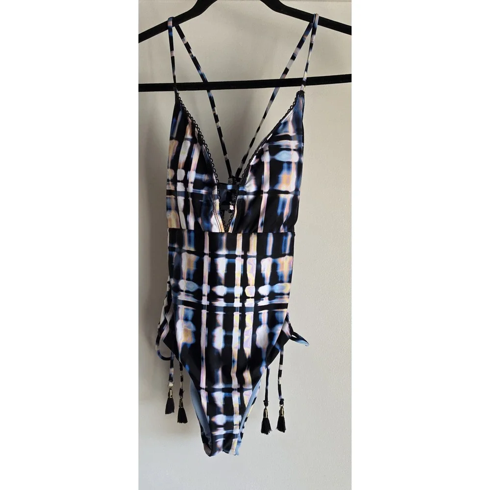 NWT Lucky Brand Women XS Plaid V-Neck Swimsuit One Piece Multicolor Resort Swim